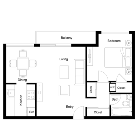 Floor plan for 1 bed, 1 bath, 900 sqft